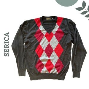 🛍️3/$40 Serica Made in Italy Merino Wool Argyle Sweater Black Red Extra Large XL